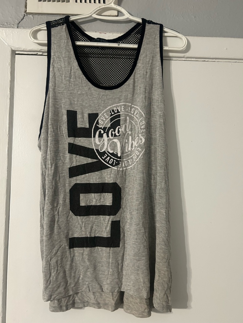 Gray Sleeveless 'LOVE' Graphic Tank with Black Mesh Back
